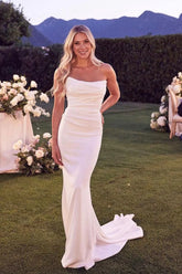Princess Mermaid Beach Strapless Satin Dresses For Wedding Mychicdress